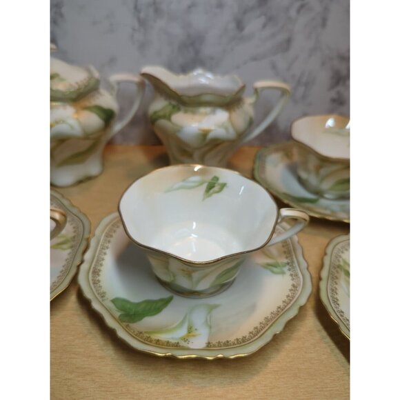 Antique RS‎ Germany/Prussia Sugar Bowl Creamer 6 cups & 6 saucers Calla Lily - Picture 10 of 16